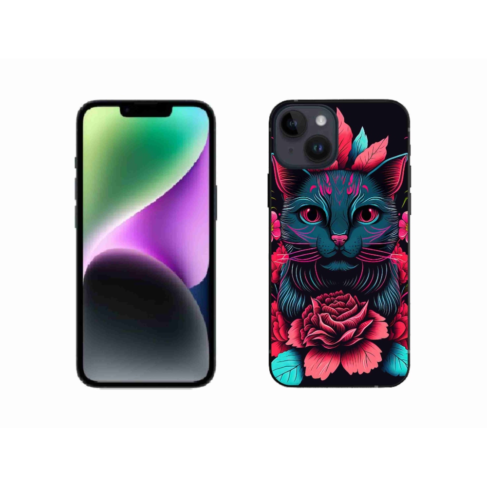 Gélový kryt mmCase na iPhone 14 - kvety a mačka