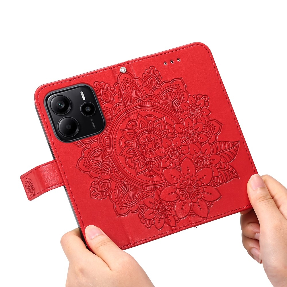 Floral knižkové púzdro na Xiaomi Redmi Note 14 - červené