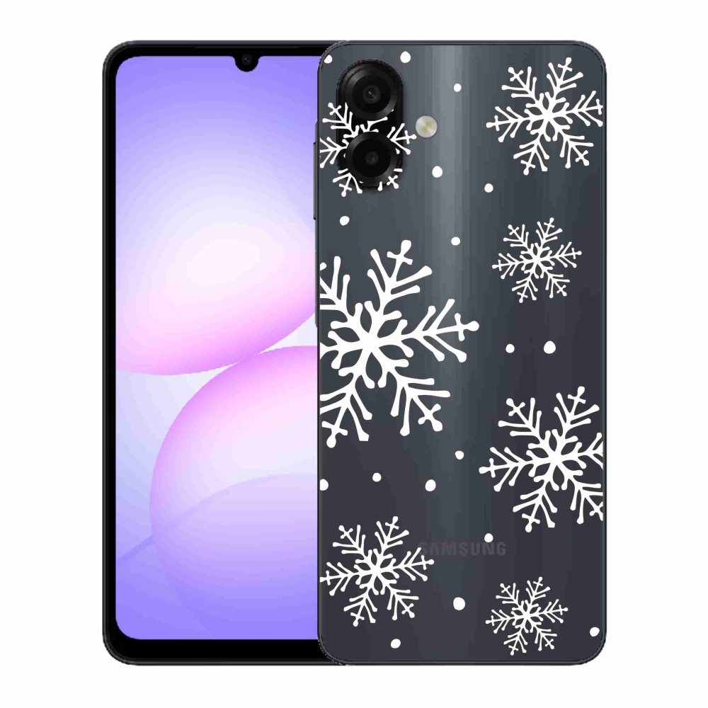 Gélový kryt mmCase na Samsung Galaxy A07 4G - biele vločky na priehľadnom pozadí