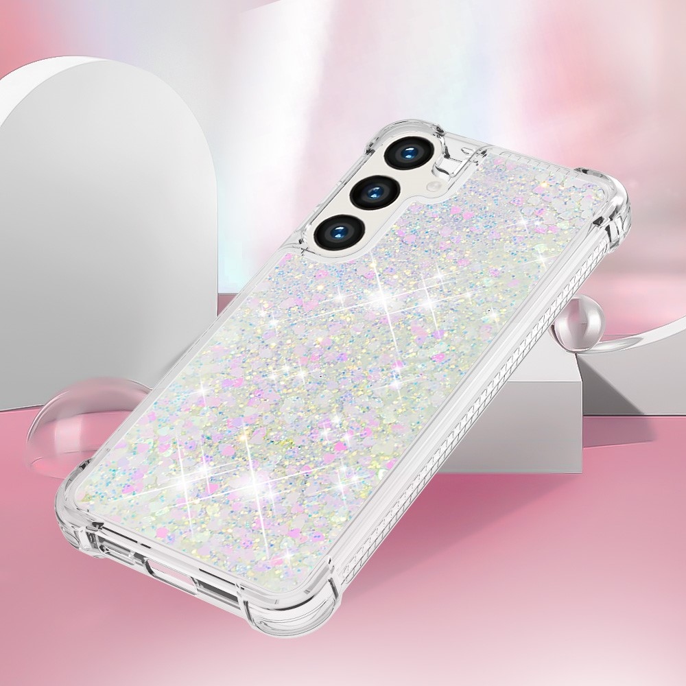 Glitter presýpací gélový obal na Samsung Galaxy S24 - ružovo strieborný/srdiečka