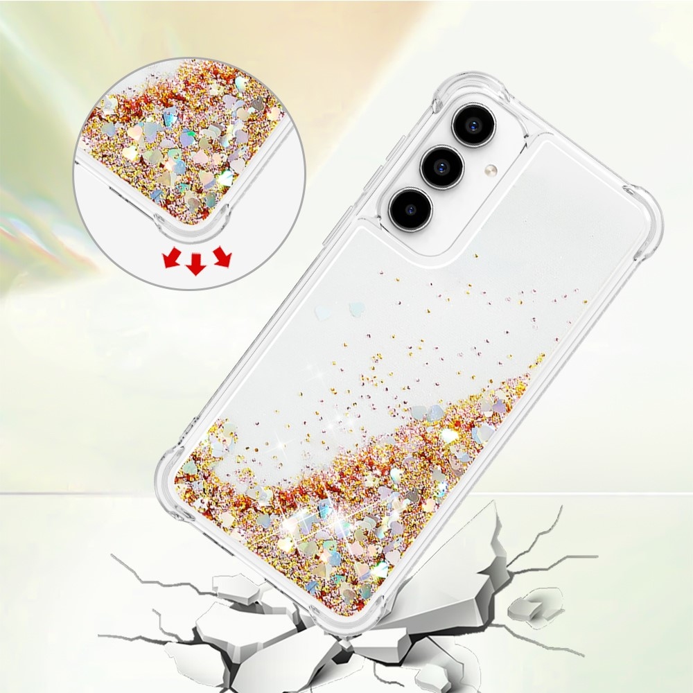 Glitter gélový presýpací obal na Samsung Galaxy A35 5G - zlatý/srdiečka