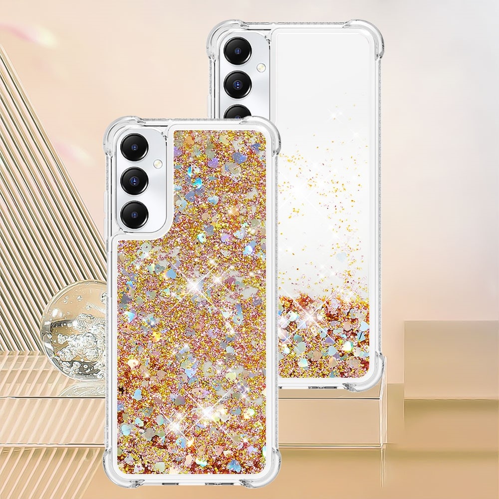 Glitter gélový presýpací obal na Samsung Galaxy A05s - zlatý/srdiečka