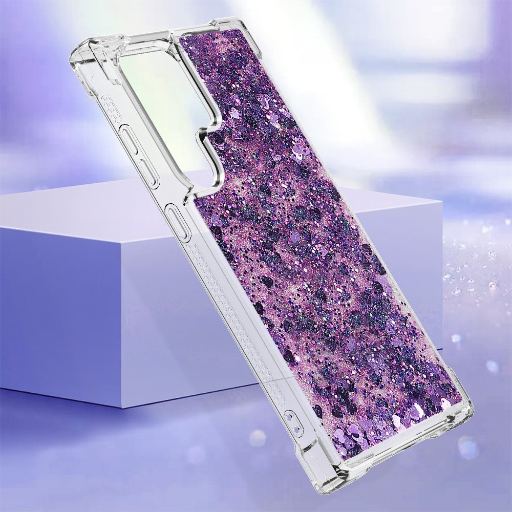 Glitter presýpacie gélový obal na Samsung Galaxy S24 Ultra - tmavofialový/srdiečka