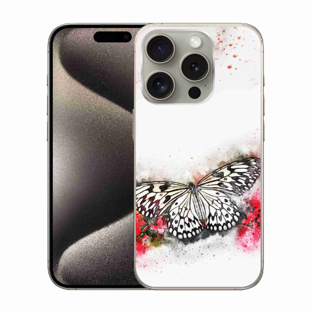 Gélový kryt mmCase na iPhone 15 Pro - čiernobiely motýľ