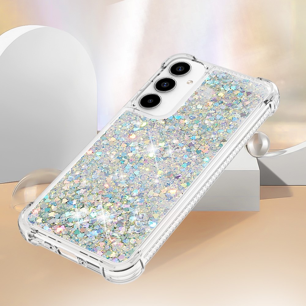 Glitter gélový presýpací obal na Samsung Galaxy A35 5G - strieborný/srdiečka