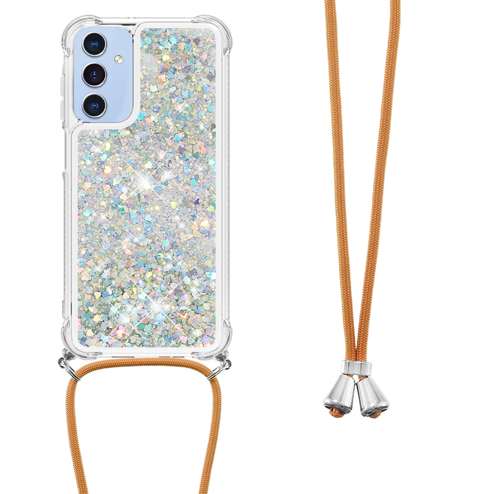Glitters presýpacie gélový obal so šnúrkou na Samsung Galaxy A17 5G - strieborný/srdiečka