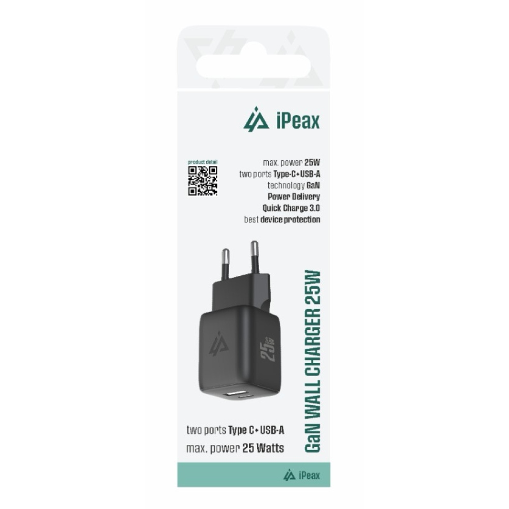 iPEAX GaN Sieťová nabíjačka 25 W, 1x USB-C a 1x USB-A - čierna