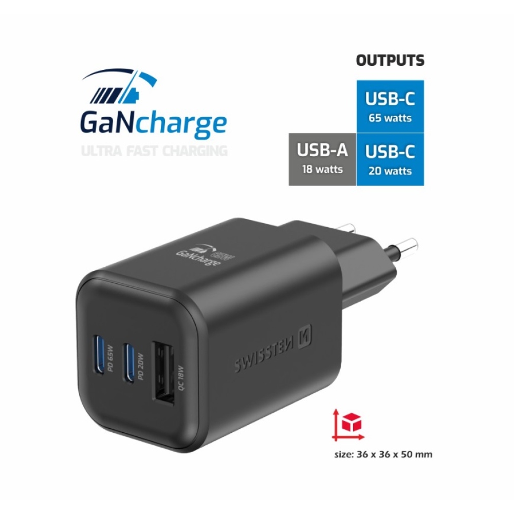 Nabíjačka Swissten GaN 2x USB-C 65W PD + 1x USB-A 18W QC - čierna