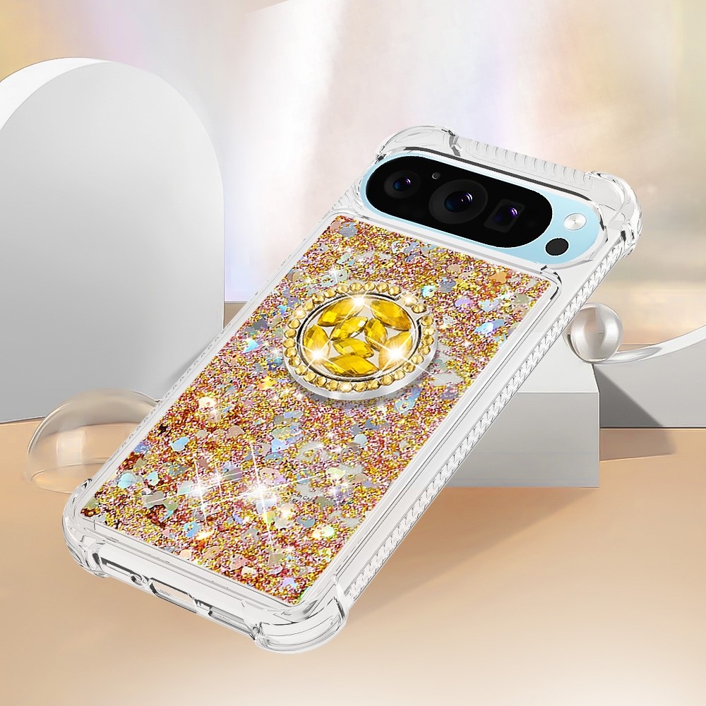Glitt presýpací gélový obal s krúžkom na prst na Google Pixel 10 - zlatý/srdiečka