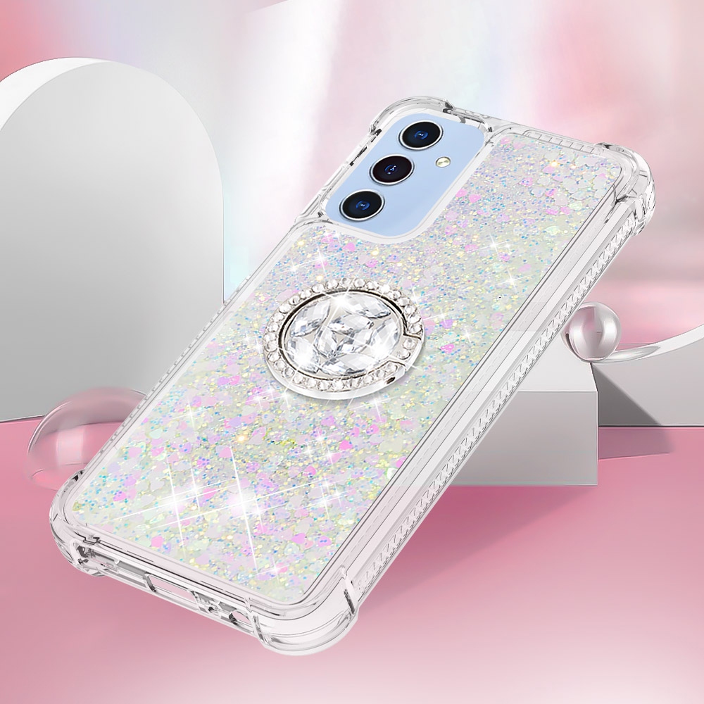 Glitt presýpacie gélový obal s krúžkom na prst na Samsung Galaxy A17 5G - ružovo strieborný/srdiečka