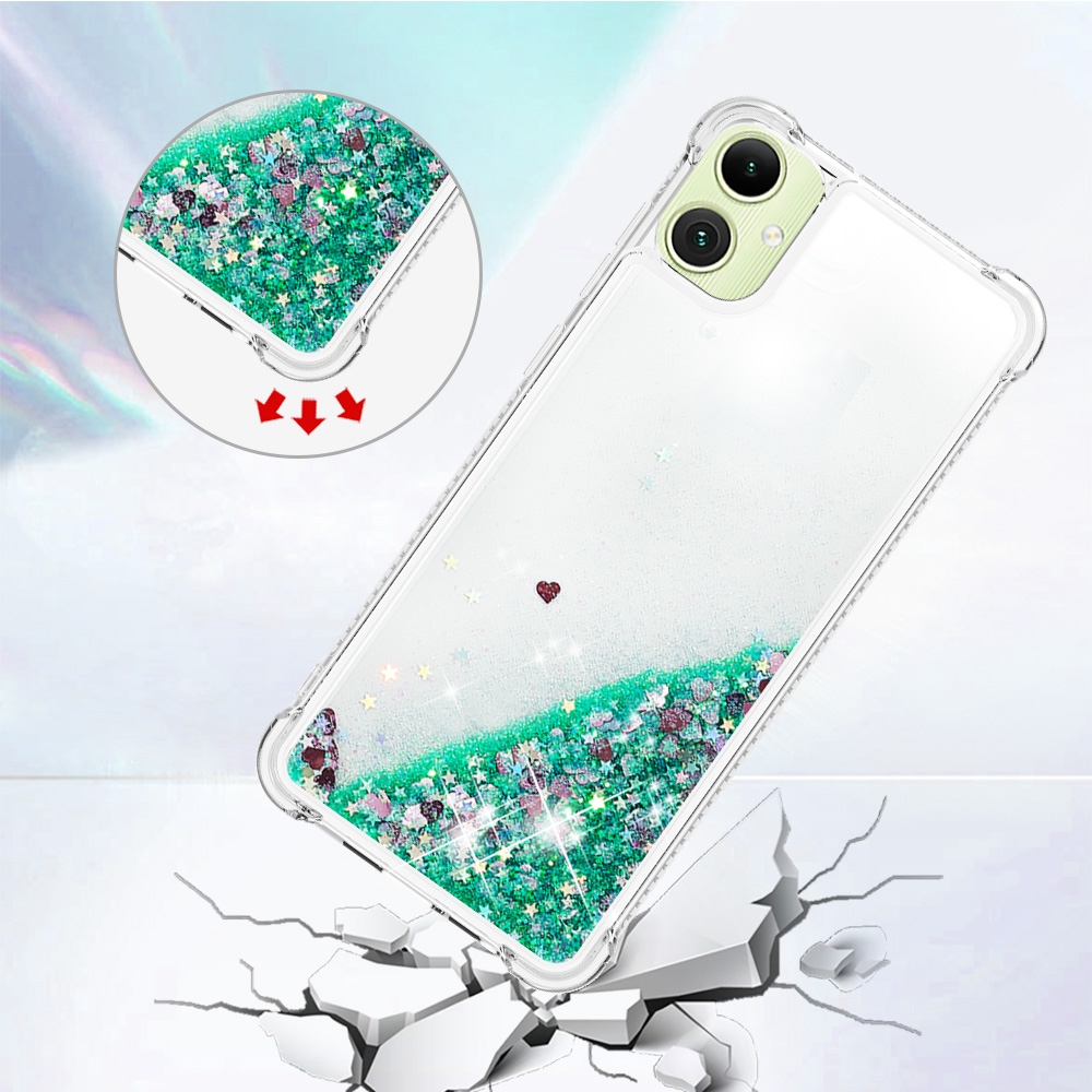 Glitter presýpacie gélový obal na Samsung Galaxy A07 4G - zelený/srdiečka