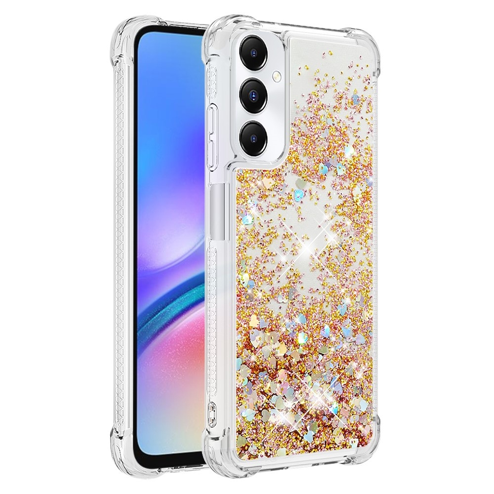 Glitter gélový presýpací obal na Samsung Galaxy A05s - zlatý/srdiečka