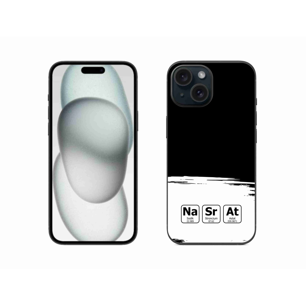 Gélový kryt mmCase na iPhone 15 - chemické prvky bieločierne pozadie