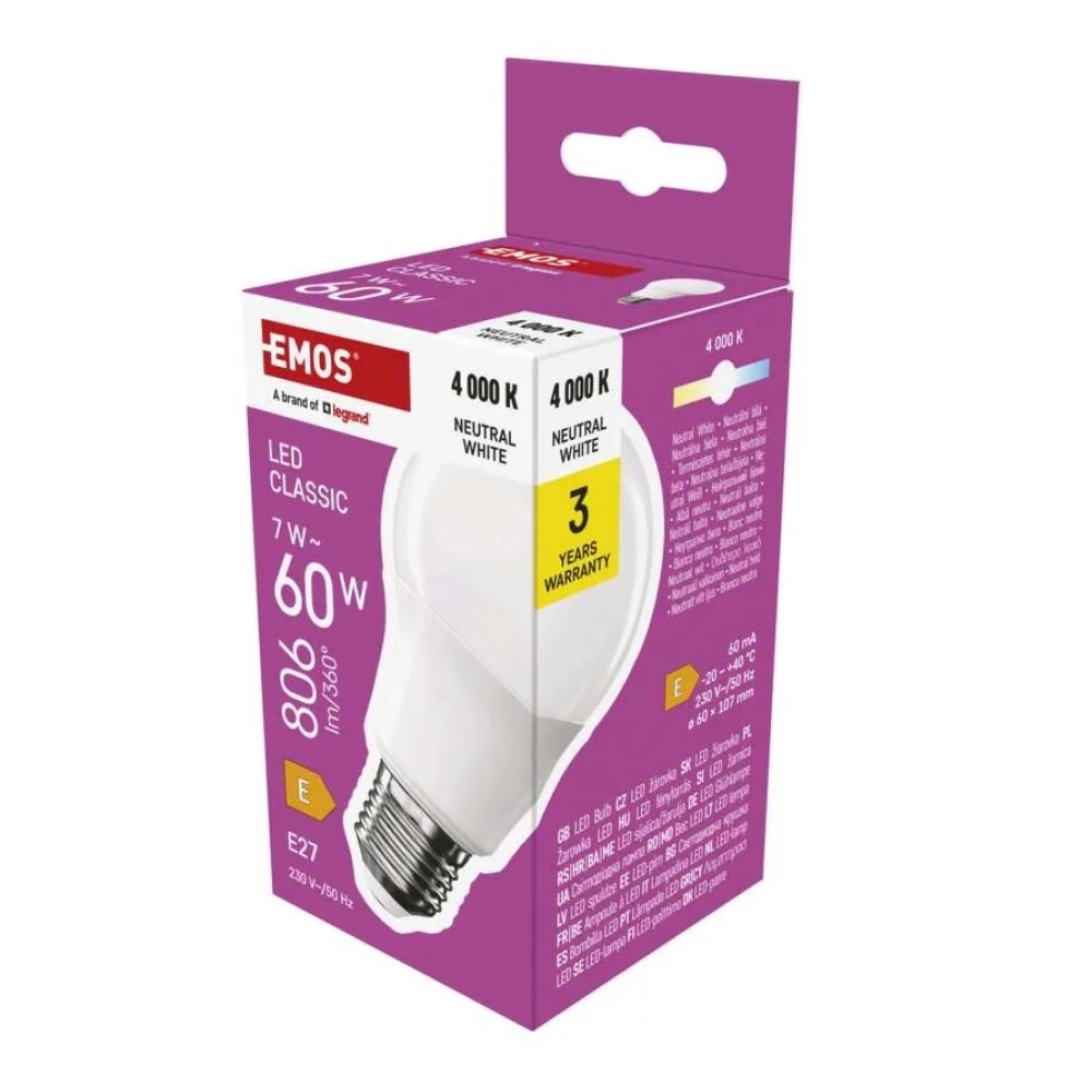 LED žiarovka Classic A60 / E27 / 7 W (60 W) / 806 lm / neutrálna biela
