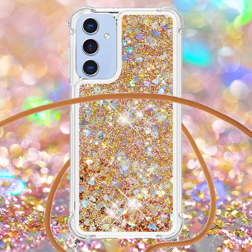 Glitters presýpací gélový obal so šnúrkou na Samsung Galaxy A17 5G - zlatý/srdiečka