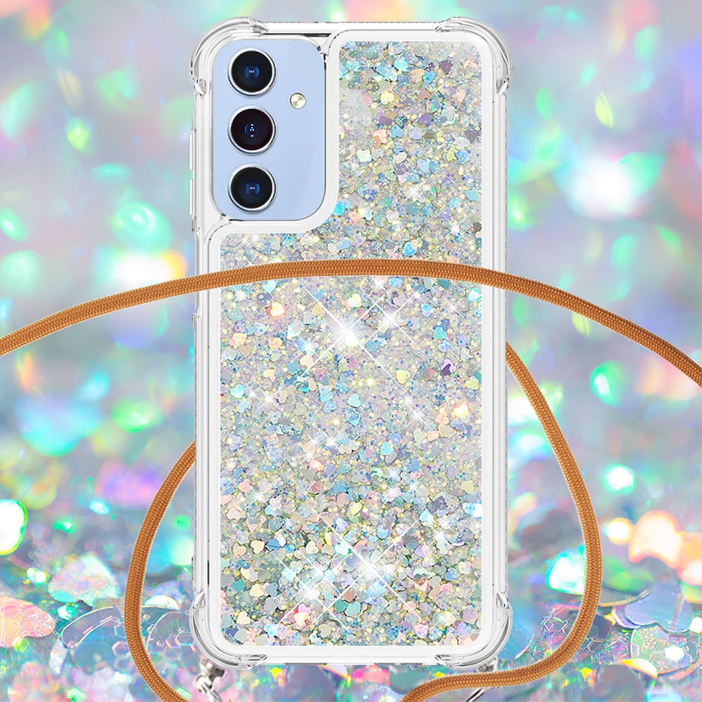 Glitters presýpacie gélový obal so šnúrkou na Samsung Galaxy A17 5G - strieborný/srdiečka