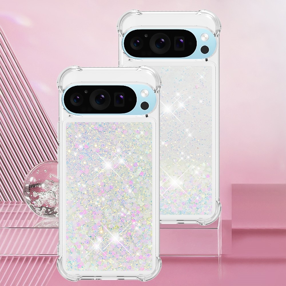 Glitter presýpací gélový obal na Google Pixel 10 Pro/Pixel 10 - ružovostrieborný/srdiečka