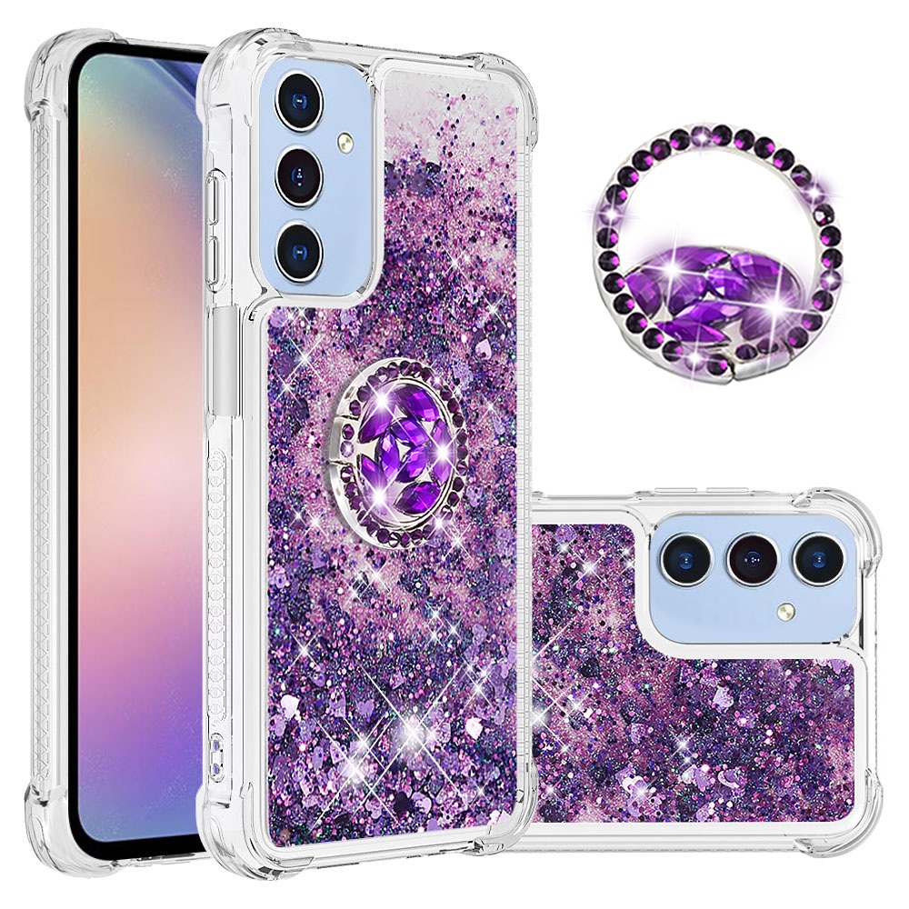 Glitt presýpací gélový obal s krúžkom na prst na Samsung Galaxy A17 5G - tmavofialový/srdiečka