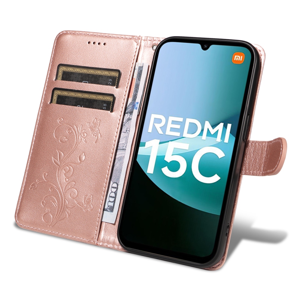 Flowers knižkové púzdro na Xiaomi Redmi 15C 4G/5G (173mm) - ružovozlaté