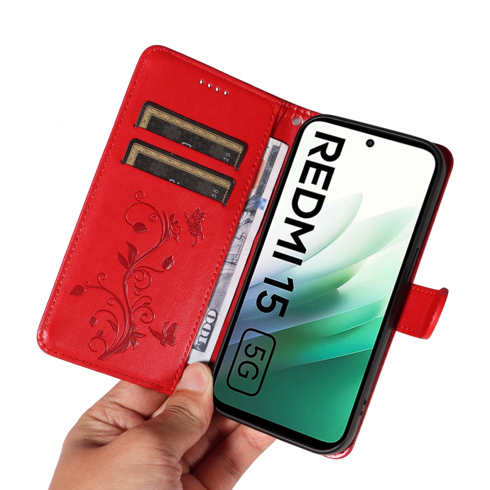 Flowery knižkové puzdro na Xiaomi Redmi 15 4G (171mm) - červené