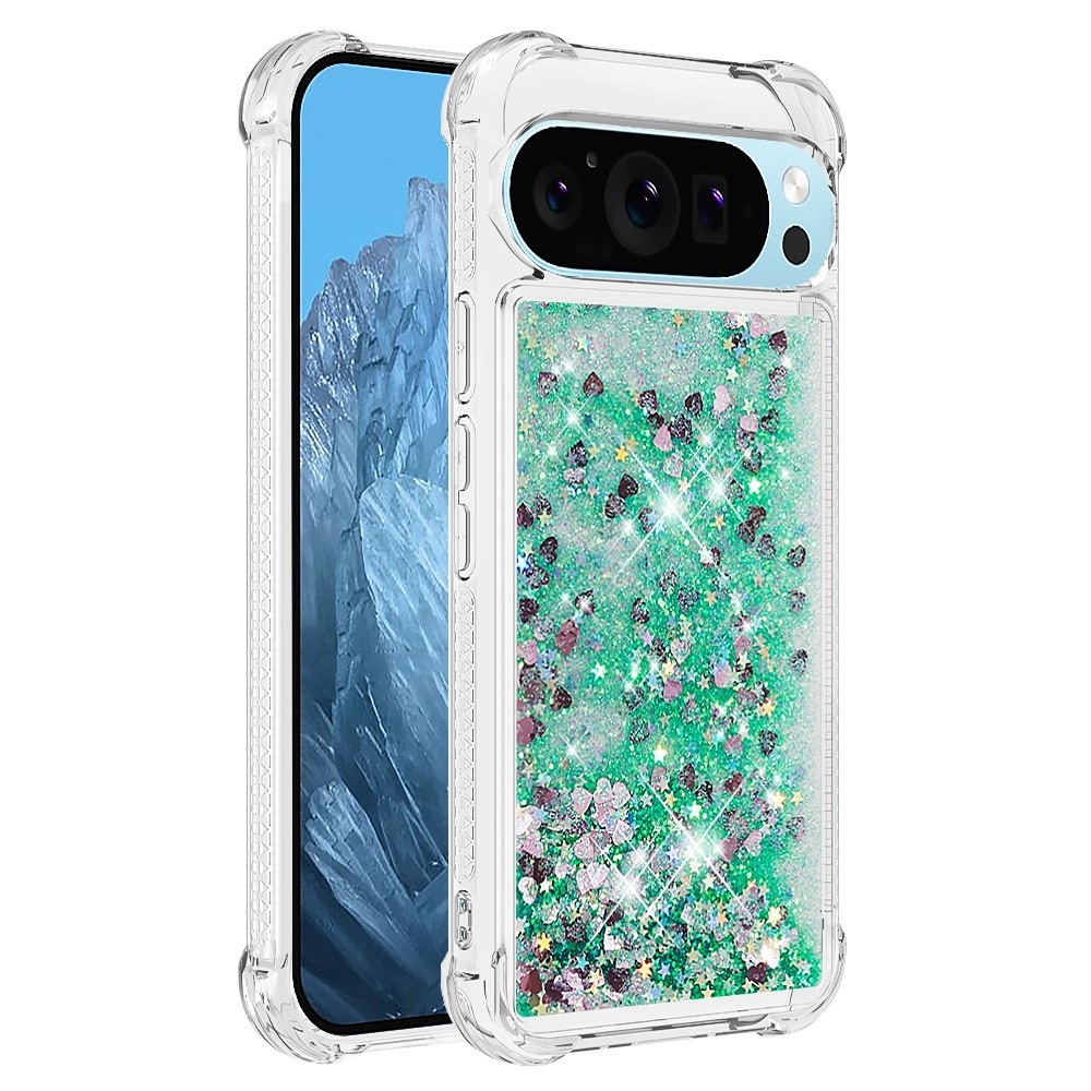 Glitter presýpací gélový obal na Google Pixel 10 Pro/Pixel 10 - zelený/srdiečka