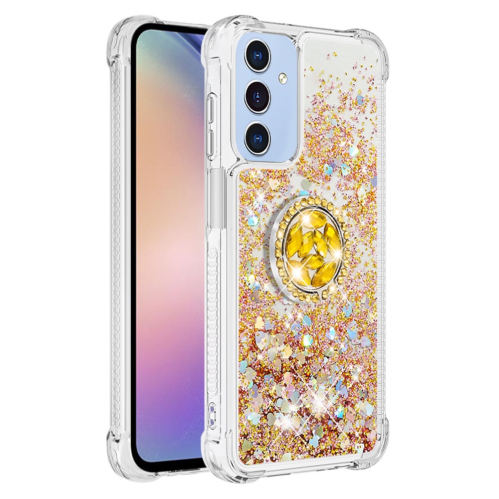 Glitt presýpací gélový obal s krúžkom na prst na Samsung Galaxy A17 5G - zlatý/srdiečka
