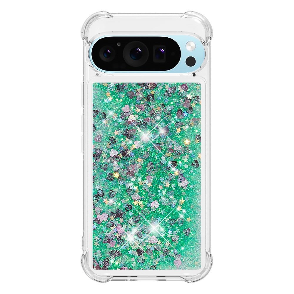 Glitter presýpací gélový obal na Google Pixel 10 Pro/Pixel 10 - zelený/srdiečka