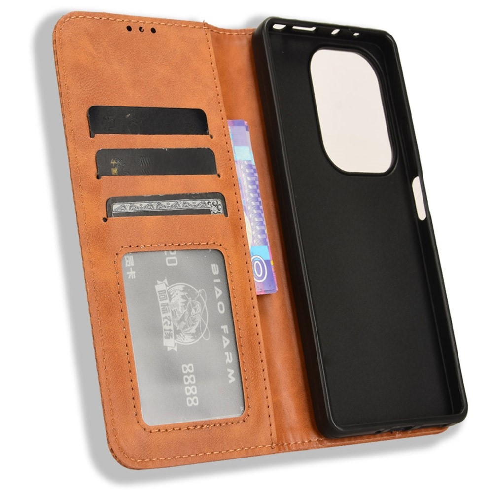 Vintage knižkové púzdro na Xiaomi Redmi Note 14S/Note 13 Pro 4G/Poco M6 Pro - hnedé