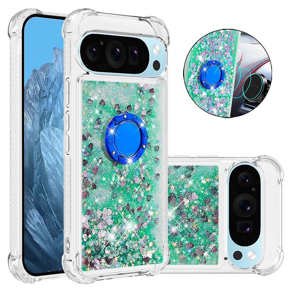 Glitt presýpací gélový obal s krúžkom na prst na Google Pixel 10 - zelený/srdiečka