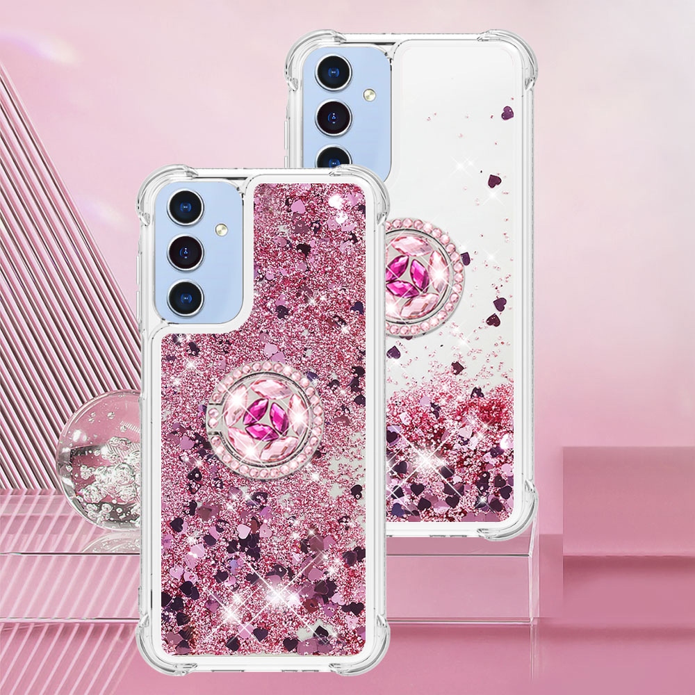 Glitt presýpací gélový obal s krúžkom na prst na Samsung Galaxy A17 5G - ružovozlatý/srdiečka