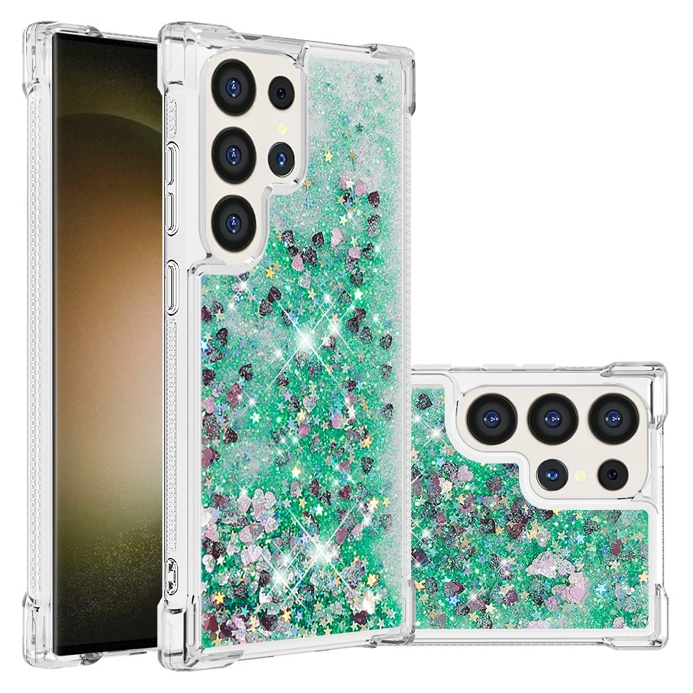 Glitter presýpacie gélový obal na Samsung Galaxy S24 Ultra - zelený/srdiečka