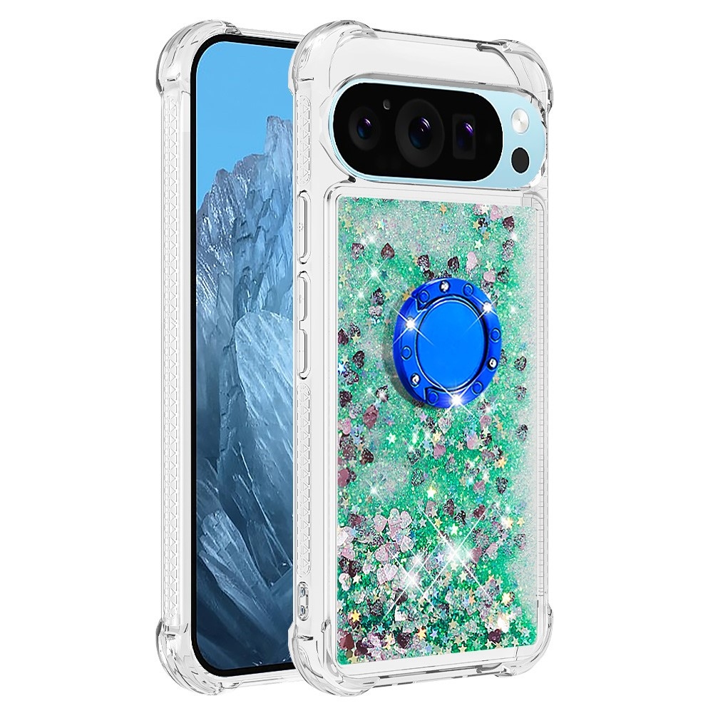 Glitt presýpací gélový obal s krúžkom na prst na Google Pixel 10 - zelený/srdiečka