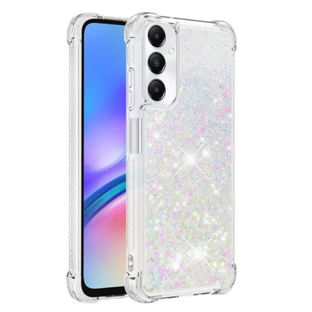 Glitter gélový presýpací obal na Samsung Galaxy A05s - ružovo strieborný/srdiečka