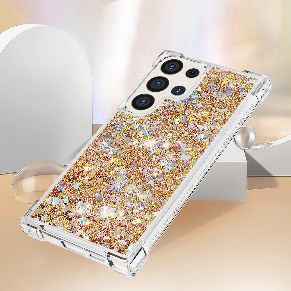 Glitter presýpacie gélový obal na Samsung Galaxy S24 Ultra - zlatý/srdiečka