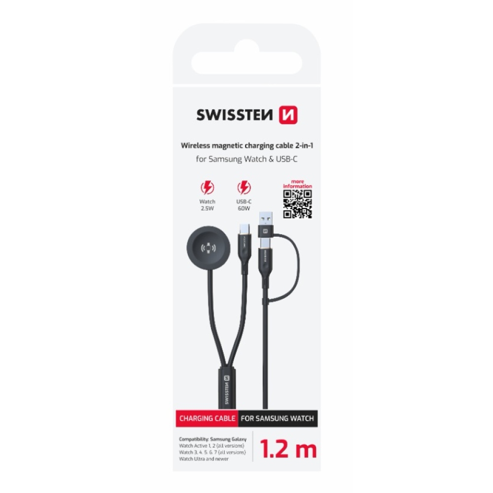 Swissten magnetický kábel 2v1 pre Samsung Galaxy Watch a USB-C, USB-C (USB-A), 1,5 m - čierny