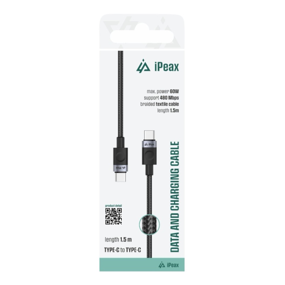 iPEAX textilný kábel USB-C / USB-C 1,5 m, USB 2.0 - čierny