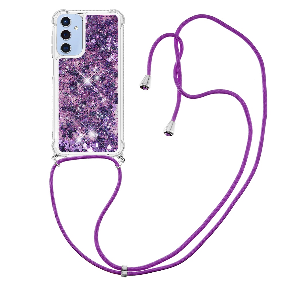 Glitters presýpací gélový obal so šnúrkou na Samsung Galaxy A17 5G - tmavofialový/srdiečka
