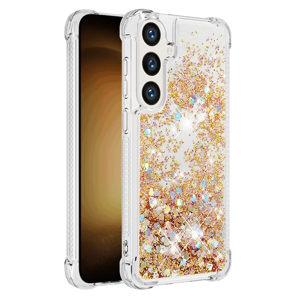 Glitter presýpací gélový obal na mobil Samsung Galaxy S24+ - zlatý/srdiečka