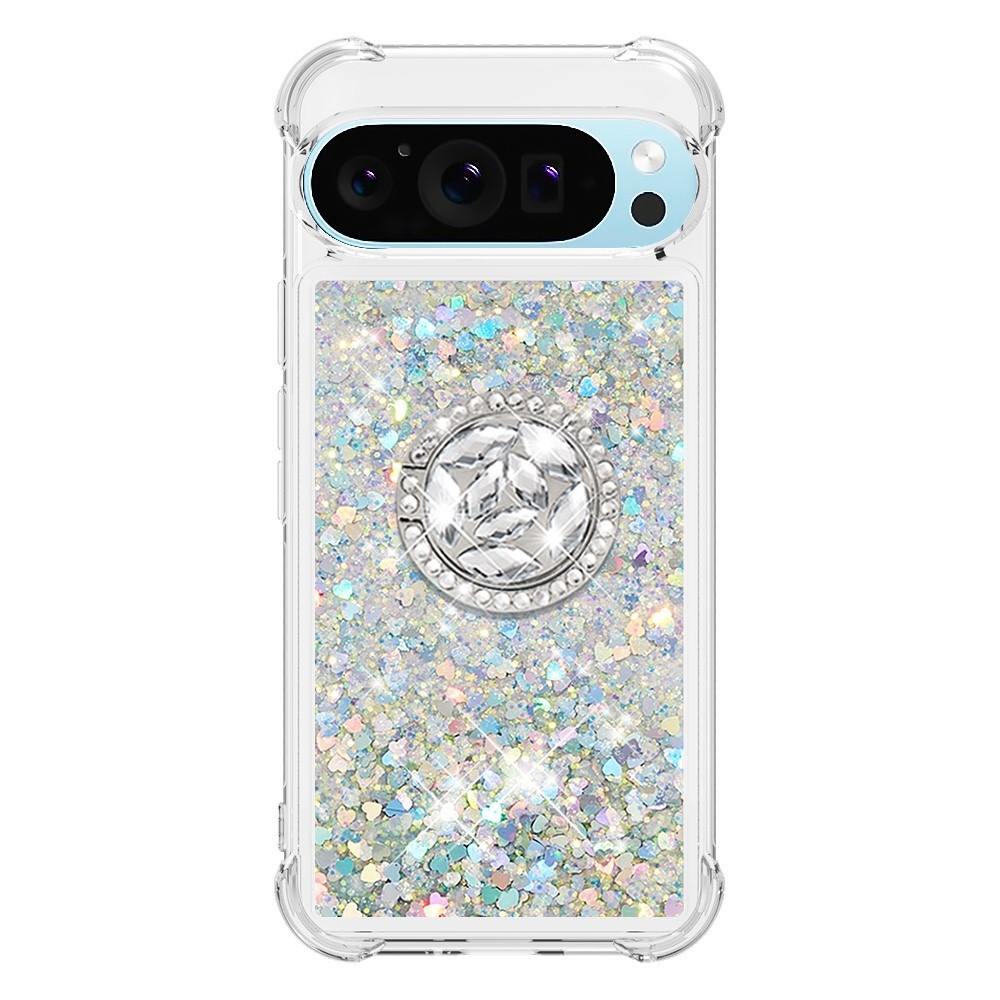 Glitt presýpací gélový obal s krúžkom na prst na Google Pixel 10 - strieborný/srdiečka