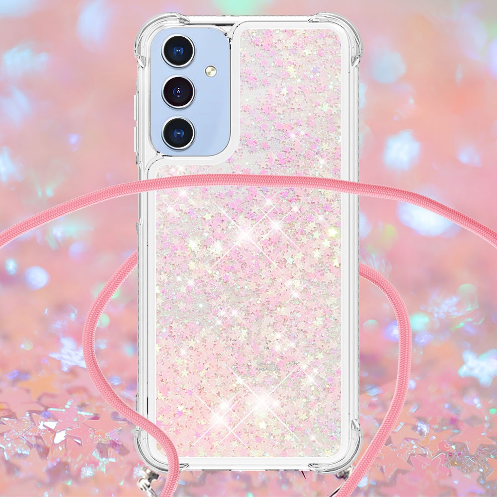 Glitters presýpacie gélový obal so šnúrkou na Samsung Galaxy A17 5G - ružový/hviezdičky