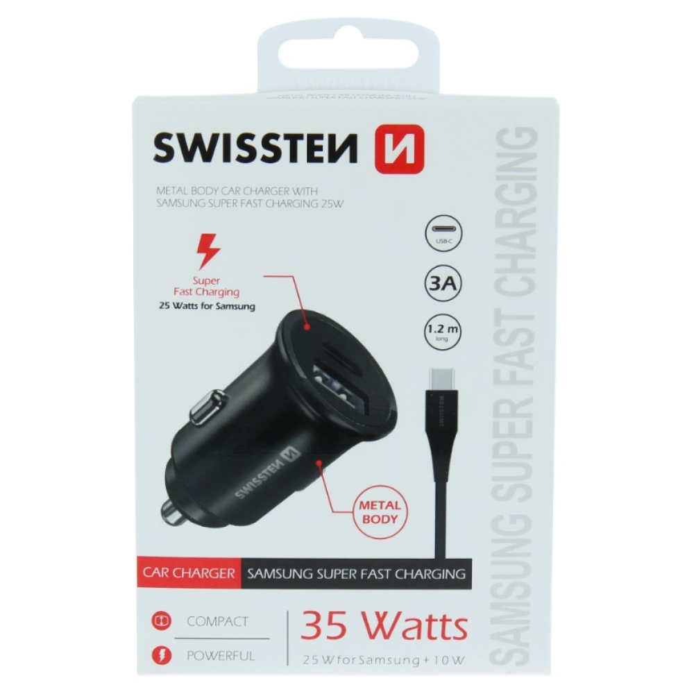 Rýchlonabíjačka do auta CL Swissten 25W + kábel USB-C/USB-C 1,2m - čierna