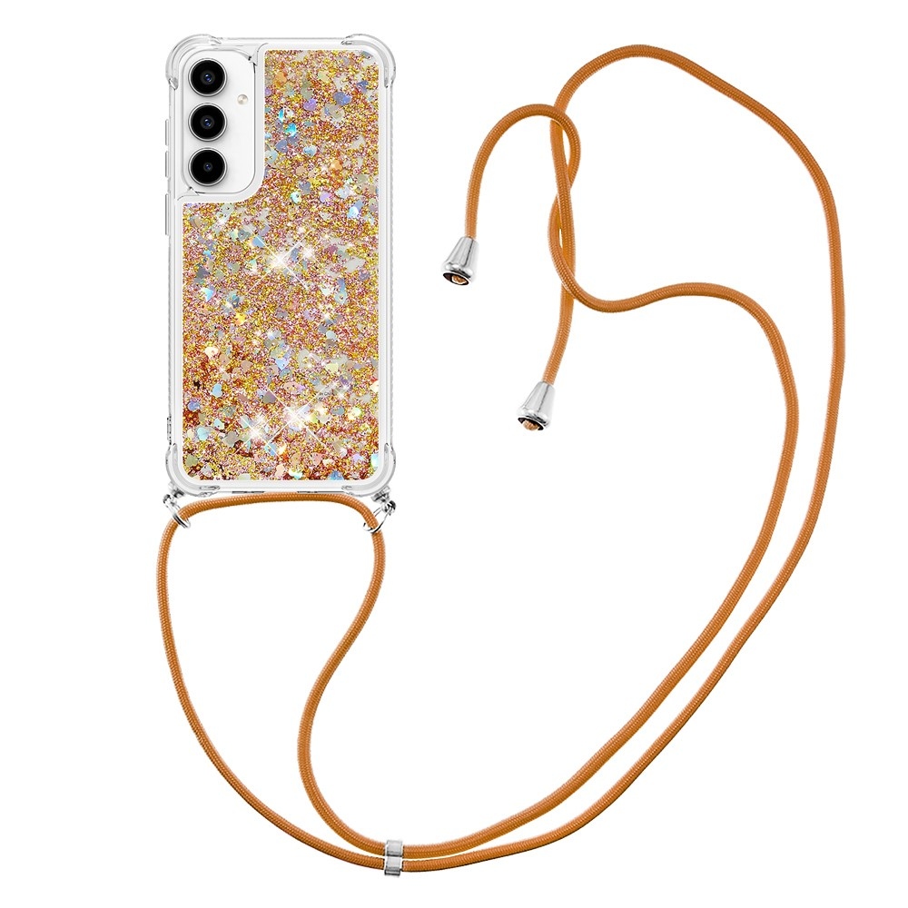 Glitters presýpacie gélový obal so šnúrkou na Samsung Galaxy A56 5G - zlatý/srdiečka