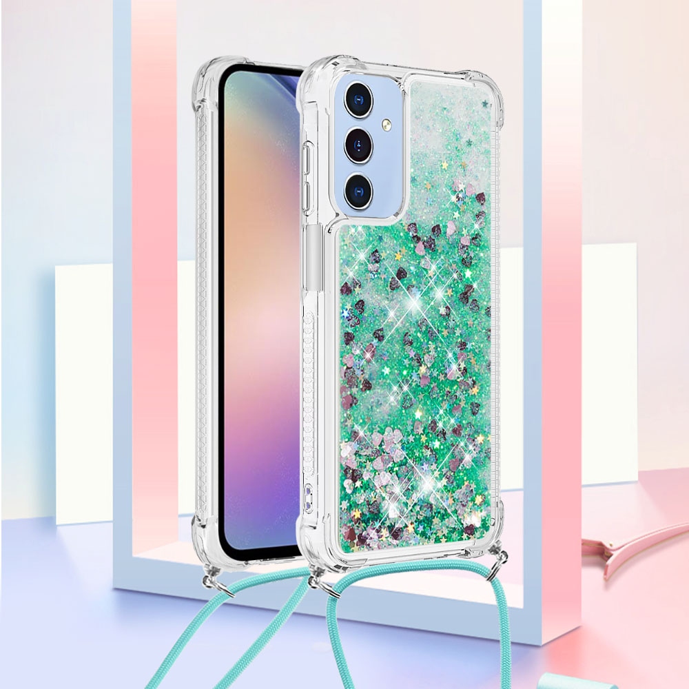 Glitters presýpacie gélový obal so šnúrkou na Samsung Galaxy A17 5G - zelený/srdiečka