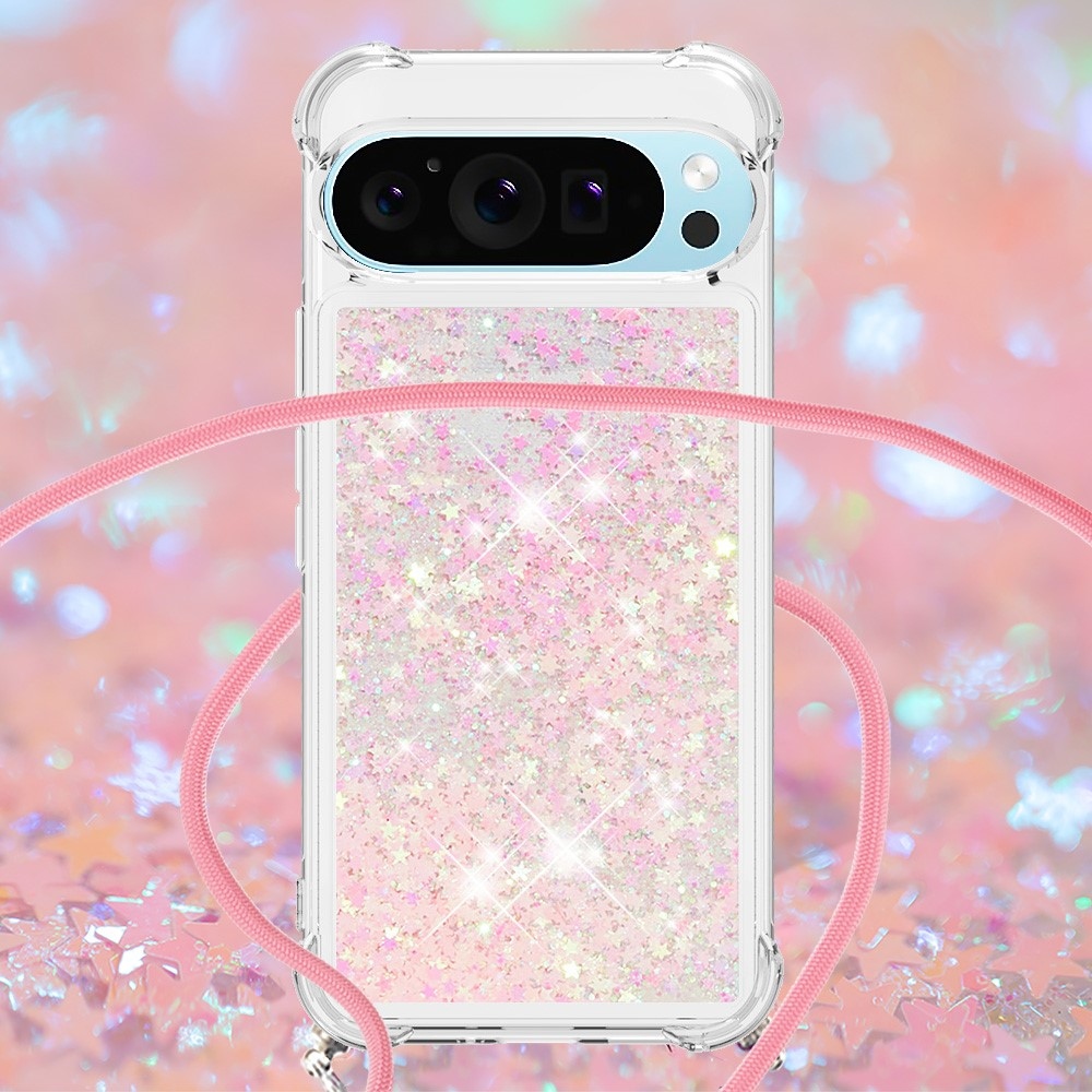 Glitters presýpací gélový obal so šnúrkou na Google Pixel 10 Pro/Pixel 10 - ružový/hviezdičky