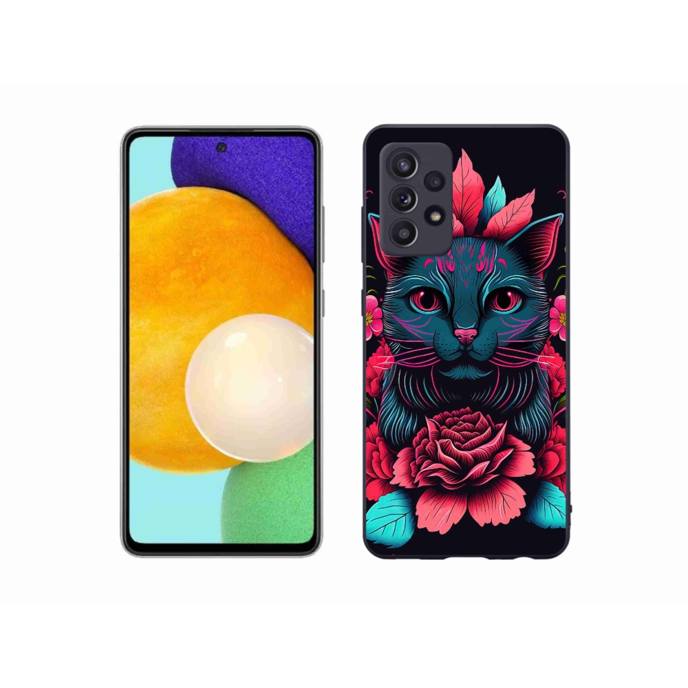 Gélový kryt mmCase na Samsung Galaxy A52s 5G - kvety a mačka