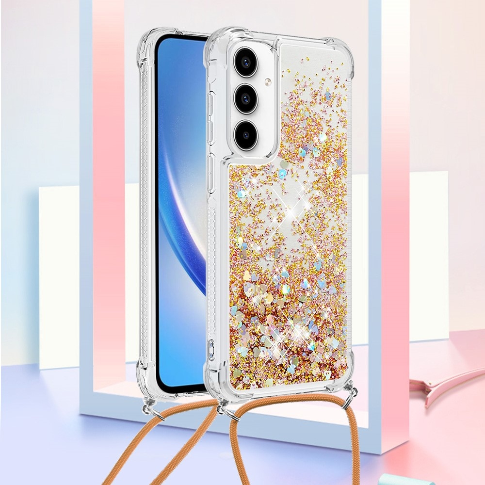 Glitters presýpacie gélový obal so šnúrkou na Samsung Galaxy A56 5G - zlatý/srdiečka