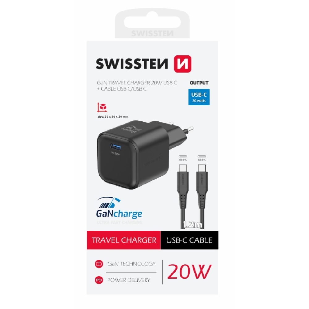 Nabíjačka Swissten GaN 1x USB-C 20W Power Delivery + kábel USB-C/USB-C 1,2m - čierna