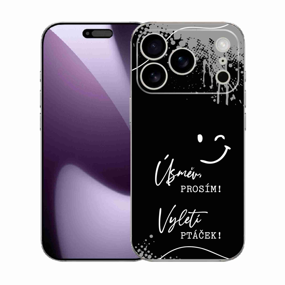 Gélový kryt mmCase na iPhone 17 Pro - vtipný text 4 čierne pozadie