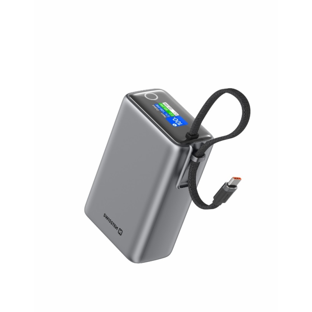 Swissten cestovná powerbanka 25000 mAh (96.25Wh) 100 W s integrovaným káblom USB-C - šedá
