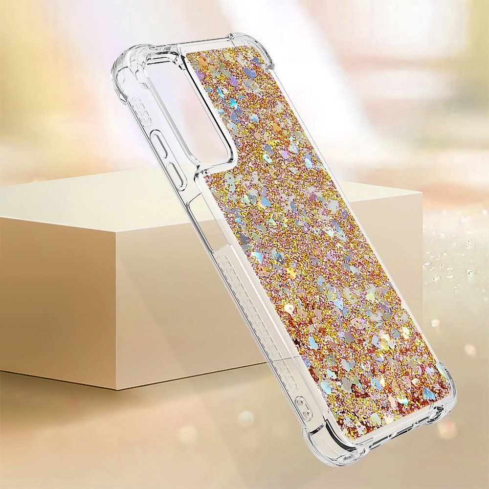 Glitter gélový presýpací obal na Samsung Galaxy A05s - zlatý/srdiečka